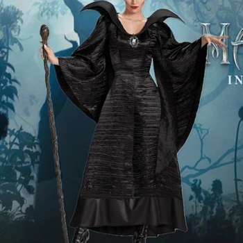 Bazzery Femei Plus Dimensiune Halloween Film Deluxe Negru Lung Rochie de Regina cea Rea Vrăjitoare Rochie de Cosplay Costum Petrecere cu Corn Caciulita