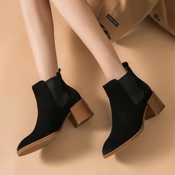 Femeile Chelsea Cizme din Piele de Vaca piele de Căprioară a Subliniat Deget de la picior Lungime de Glezna cu Toc Doamnelor Pantofi Handmade Aluneca pe Cizme Steinmeier