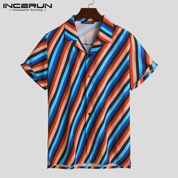 2021 Bărbați Cămașă Hawaiană Dungi Colorate Streetwear Maneca Scurta Vara Rever Plaja Casual Bluza Buton Camisa S-5XL INCERUN