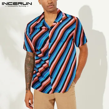 2021 Bărbați Cămașă Hawaiană Dungi Colorate Streetwear Maneca Scurta Vara Rever Plaja Casual Bluza Buton Camisa S-5XL INCERUN