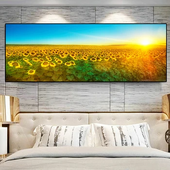 HD Floarea-soarelui Nordic Răsărit de soare Peisaj Pictura in Ulei pe Panza, Postere si Printuri Cuadros de Arta de Perete Imaginile Pentru Camera de zi