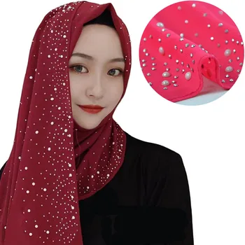 Musulman Bubble Perla Sifon Femei Hijab Islamic Fierbinte Foraj Văl Foulard Femme Musulman De Culoare Solidă Susținere Hijab Șal