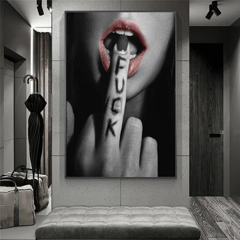 Negru și Lozie Sexy Buze cu Degetul Panza Picturi pe Perete Postere de Arta, Printuri și Imagini de Perete pentru Camera de zi Cuadros
