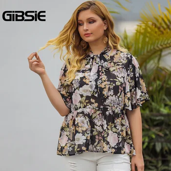 GIBSIE Papion la Gât Florale Imprimare Șifon Bluza Femei Vara Vintage Fluture Casual cu Maneci Doamnelor Bluze Topuri Plus Dimensiune Nouă