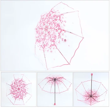 1 buc Romantic Transparent Apollo Roz Sakura 3 Ori Umbrela Clar Model Cires Floare de Ciuperci Pliabil Umbrele de ploaie Usoare