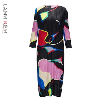 LANMREM vara noi Rochii plisate famale 2021 moda contrast de culoare mozaic tipărite O-neck maneca trei sferturi rochie YJ324