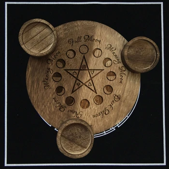 Suport Lumanare Din Lemn Astrologie Pentagrama Altar Placa De Divinație, Magie Sfeșnic