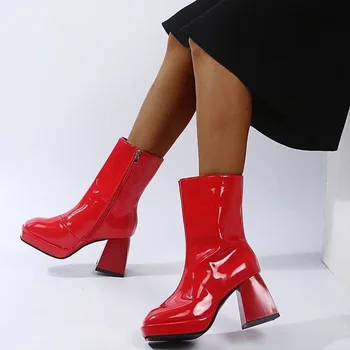2020 Moda de Toamna pentru Femei Pantofi pentru Femei Platforma Roșu Cizme Albe Tocuri Indesata Matin Cizme