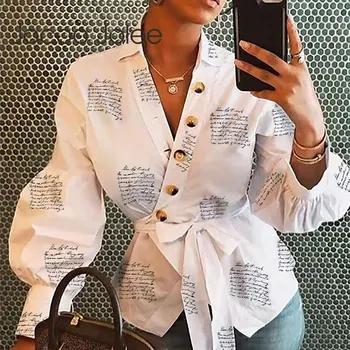 Femeile Scrisori de Imprimare Bluza de Cauzalitate Primăvară Felinar Camasa cu Maneca Lunga V Gât Topuri Si Bluze cu Eșarfe Tinute Streetwear