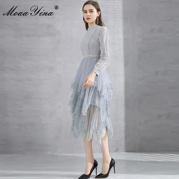 MoaaYina Designer de Moda rochie de Toamna pentru Femei Rochie cu Maneci Lungi Mozaic Volane Plasă cu Paiete Rochii Asimetrice