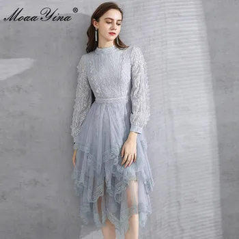 MoaaYina Designer de Moda rochie de Toamna pentru Femei Rochie cu Maneci Lungi Mozaic Volane Plasă cu Paiete Rochii Asimetrice