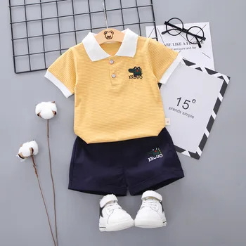 Băiatul Haine Set Tricou Polo, pantaloni Scurți cu Dungi cu Maneci Scurte T-Shirt 2 Bucata Set Copilului Haine de Brand de tip Boutique de k1