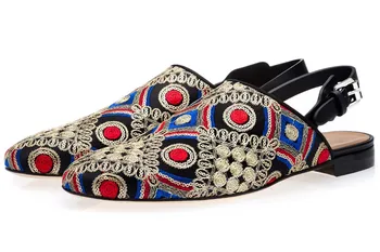 Qianruiti Moda Pânză Catâri Mixte De Culoare Broderie Plat Sandale Casual Din Afara Diapozitive Catarama Curea Sandale Pantofi De Vara Pentru Bărbați