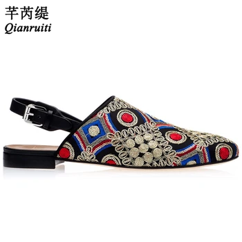 Qianruiti Moda Pânză Catâri Mixte De Culoare Broderie Plat Sandale Casual Din Afara Diapozitive Catarama Curea Sandale Pantofi De Vara Pentru Bărbați
