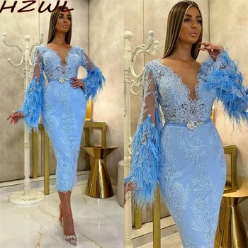 Lumina Albastru Pene Rochii de Seara Mâneci Complete Ceai de Lungime Dantelă Mermaid Rochie de Bal Cu Cercevea Margele arab Dubai robe de soirée
