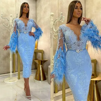 Lumina Albastru Pene Rochii de Seara Mâneci Complete Ceai de Lungime Dantelă Mermaid Rochie de Bal Cu Cercevea Margele arab Dubai robe de soirée