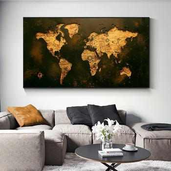 Mare Retro Harta de Aur Hartă a Lumii și Postere de Imprimare Cuadros Panza Pictura Arta de Perete pentru Camera de zi Decor Acasă (Fara Rama)