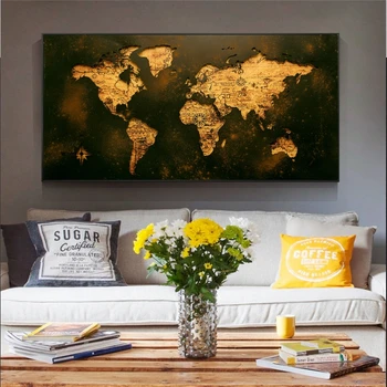 Mare Retro Harta de Aur Hartă a Lumii și Postere de Imprimare Cuadros Panza Pictura Arta de Perete pentru Camera de zi Decor Acasă (Fara Rama)