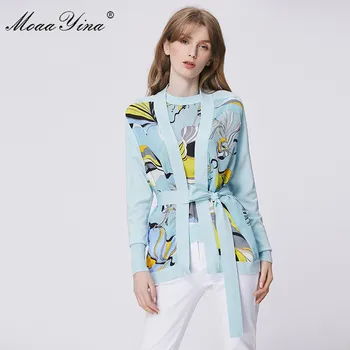 MoaaYina Moda de Primăvară maneci Lungi, Tricotat Bluze Femei Elegante Print Lace-up Veste de Mătase Mozaic Pulover de Lână Haina