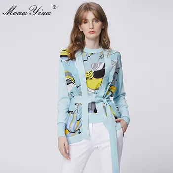 MoaaYina Moda de Primăvară maneci Lungi, Tricotat Bluze Femei Elegante Print Lace-up Veste de Mătase Mozaic Pulover de Lână Haina