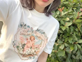 PUTEAI-XSX Femei Stil Vintage Cupidon Flori T-Shirt Moda coreeană Ulzzang Grunge Tricou Alb Estetic Art Tricou