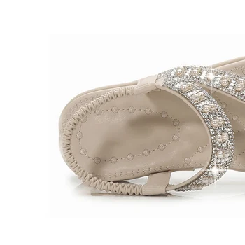 BEYARNEwedding femei sandale plate vara cristal de diamant de dimensiuni mari plus alunecare pe de mireasa alb se potrivesc largă bling pearl inel de deget de la pantofi