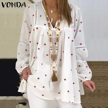 VONDA Femei, Plus Dimensiune Bluza 2021 Vintage V Gât Stele Imprimate Topuri de Toamnă Lungă Felinar Camasi cu Maneca Plaja Petrecere Casual Blusas