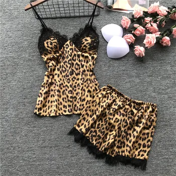 Lisacmvpnel Primăvară Nouă Leopard Dantela Sexy Pijama Set Cu Pad Piept Curea De Spaghete Deux-Pieces Pijamale Pentru Femei