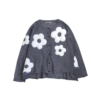 Imakokoni design original gri culoare solidă vrac dulce single-breasted patch-uri tricotate sacou feminin 192858