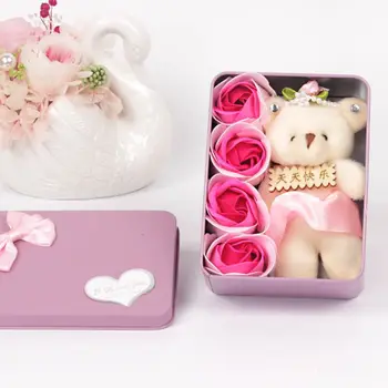 Valentine\'s Day Parfumate de Trandafir Petale de Flori, Buchet Cutie de Cadou Cu Ursul de Baie Corp Săpun Cadou de Nunta Petrecere 4buc