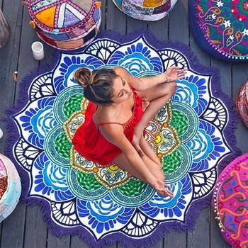 Femei Șic Ciucure Indian Mandala Tapiserie Lotus Tipărite Boem BohoBeach Prosop Yoga Mat Cremă Rotund Bikini Acoperire Pătură