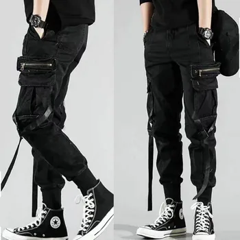 Multi-buzunar Hip Hop Streetwear Bărbați Jogging Pantaloni 2021 Barbati din Bumbac Panglică Neagră Cargo Pantaloni Pantaloni Talie Elastic