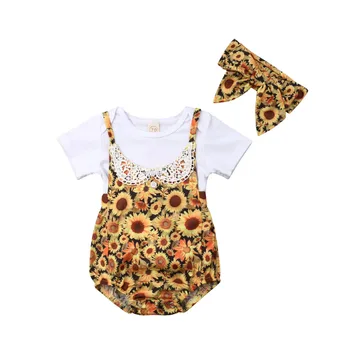 Noi Arrivels Fete pentru Copii de Floarea-soarelui Bodysuit Romper+Bentita Haine 3Pcs Set Nou-născut Copilul Îmbrăcăminte
