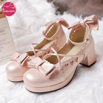Femeile Mary Janes Pompe Papion Drăguț Prințesă Lolita Pantofi Cu Toc Bowknot Pantofi Rochie Pentru Fete Școală De Aur Petrecerea De Nunta Japonia