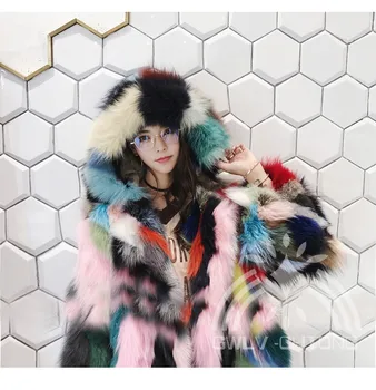 Real naturala autentica vulpe haină de blană cu glugă femei de moda multi-color colorate, jachete de blană doamnelor peste haina uza