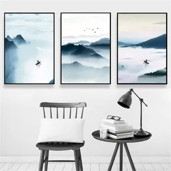 Noul Stil Chinezesc De Munte Ceață Barca Peisaj Imagine Poster De Imprimare Panza De Pictura Arta De Perete Camera De Zi De Decorare Acasă