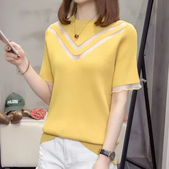 Plus Dimensiunea V Plasă Gol Afară Tricotate Bluze Elegante de Vară 2020 Slab Maneci Scurte Elegante de Moda Supradimensionat Întinde coreean T-shirt