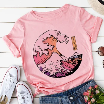 Pink Plus Dimensiune T-shirt Femei Vara Vârf de Munte Imprimare Doamna Casual Tricou Topuri Harajuku Streetwear Maneca Scurta Tricou