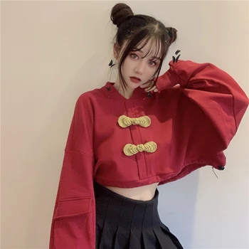 Gothic Punk Femei Hanorace Negre Harajuku Streetwear Fete Supradimensionate Trunchiate Tricou Vintage Stil Chinezesc 90 Pulover Roșu