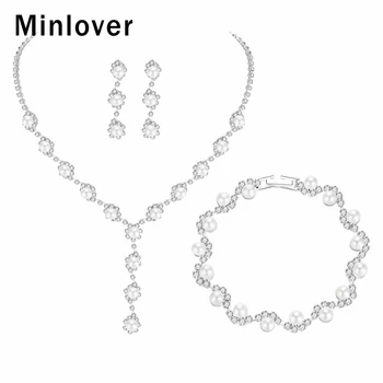 Minlover Simplu Simulate Perla Mireasa Nunta Seturi de Bijuterii pentru Femei Stras Bal Colier Cercei Bratari Set TL059+SL077