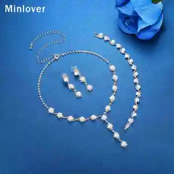 Minlover Simplu Simulate Perla Mireasa Nunta Seturi de Bijuterii pentru Femei Stras Bal Colier Cercei Bratari Set TL059+SL077