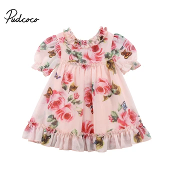 2018 Brand Nou Princess Party Copilul copil Fete Dress Șifon Florale Imprimare Volane Genunchi-Lungime Rochie a-Line Rochie de Vacanță 6M-5 ANI