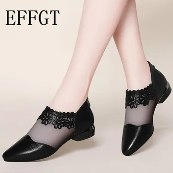 EFFGT 2019 nou sandale de vară a Subliniat Femei Elegante pantofi Dantelă Neagră Glezna Flori Toc mic cu fermoar flori sandale casual