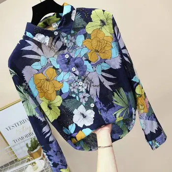 2021 Imprimate Tricou Femei Retro Hong Kong Aroma Moda coreeană Subțire Vrac Externe Floral Bluza Mâneci Lungi Femei În Primăvară