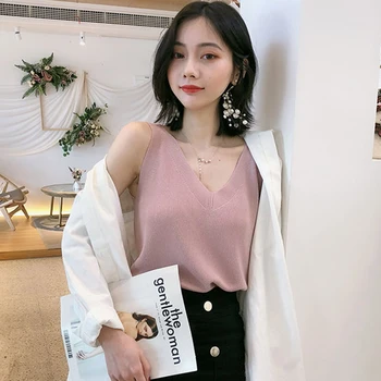 De bază veste tricotate Femei Topuri V-neck Solid fără mâneci Rezervor de sex Feminin casual de vară 2020 tricot tricou Femeie de culoare Roz Negru Coreea de Femme