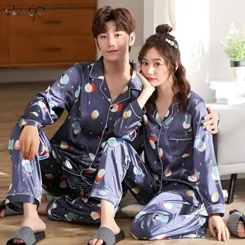 Iubitorii De Primăvară Pijamale Cuplurile Unisex Pijamale De Mătase Moale Pijama Seturi Cămașă De Noapte Pentru Femei Seturi De Pijama Cu Maneca Lunga Barbati Lounge Pijamas