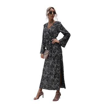 2020 Toamna Rochii Lungi Cu Slit Lateral pentru Femei Flare Sleeve V-Neck Rochie Femei Florale Imprimare Sundress Elegant Haine de Bumbac