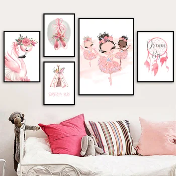 Fata De Balet Flamingo Coroană De Flori Cort Pepinieră Arta De Perete Panza Pictura Nordică Postere Si Printuri Poze De Perete Decor Camera Pentru Copii