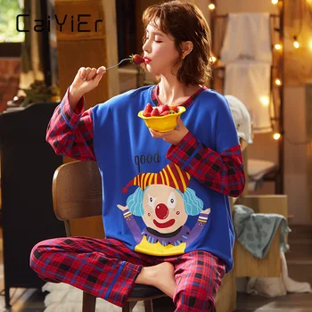 CAIYIER 2020 Iarna Femei cu Maneci Lungi Set de Pijama Bumbac Desene animate O-Gât îmbrăcăminte de noapte petrecere a timpului Liber Fete Toamna Moale Sleepwear Homewear