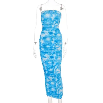 Vara Albastru Ruched Tie Dye Lung Femei Rochie 2020 Sexy de Pe Umăr Strapless rochie Bodycon Stivuite Lounge purta Tub Partid Rochie